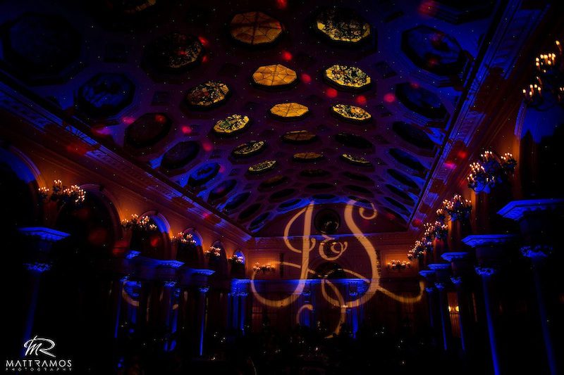 The Canfield Casino with Blue Up Lighting & Monogram - Photo by Matt Ramos Photography 